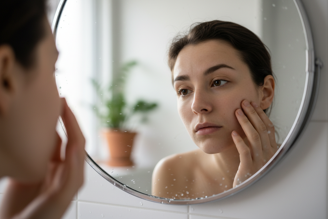 A person examining their skin in a mirror