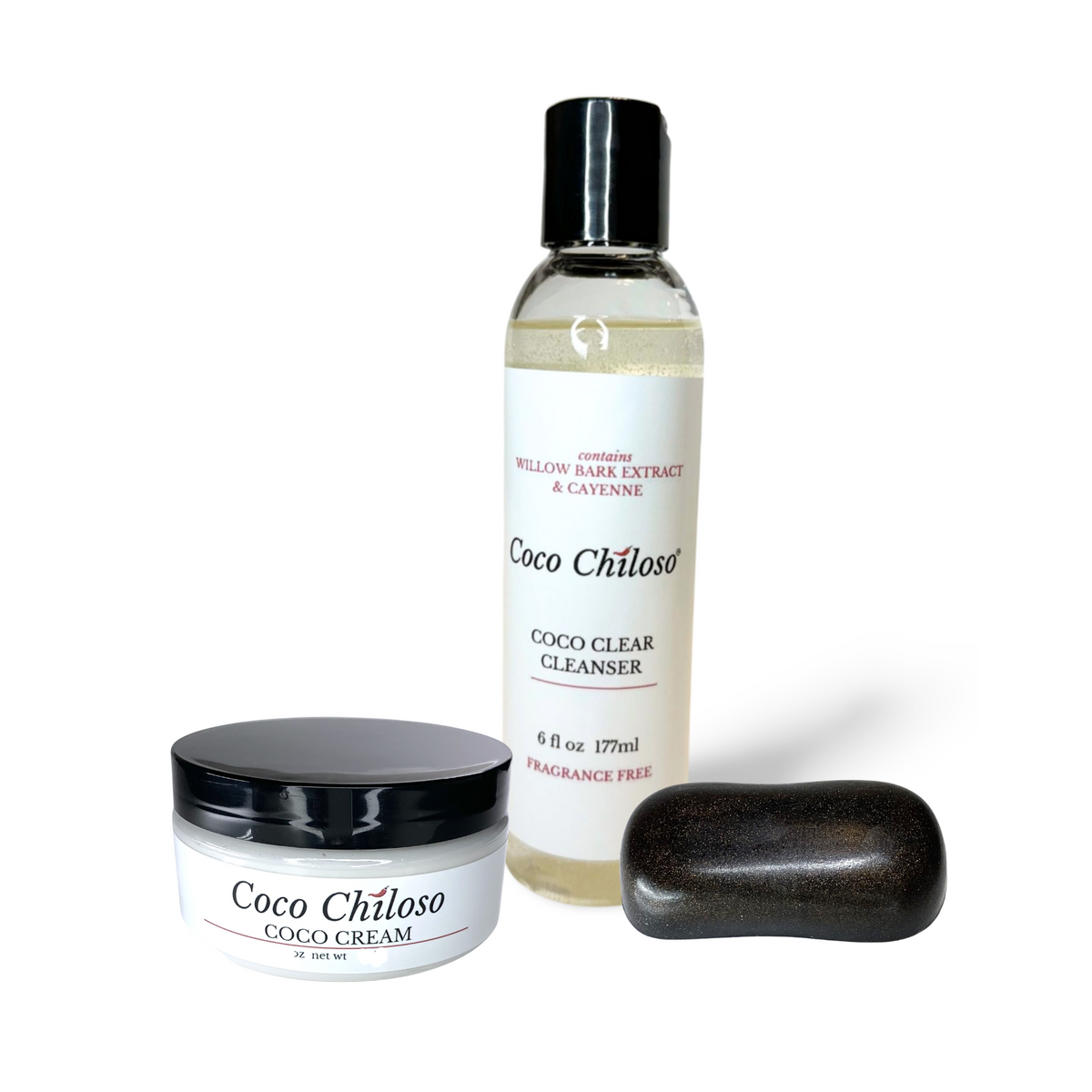 Coco Chiloso skincare products including a bottle, jar, and bar on a white background